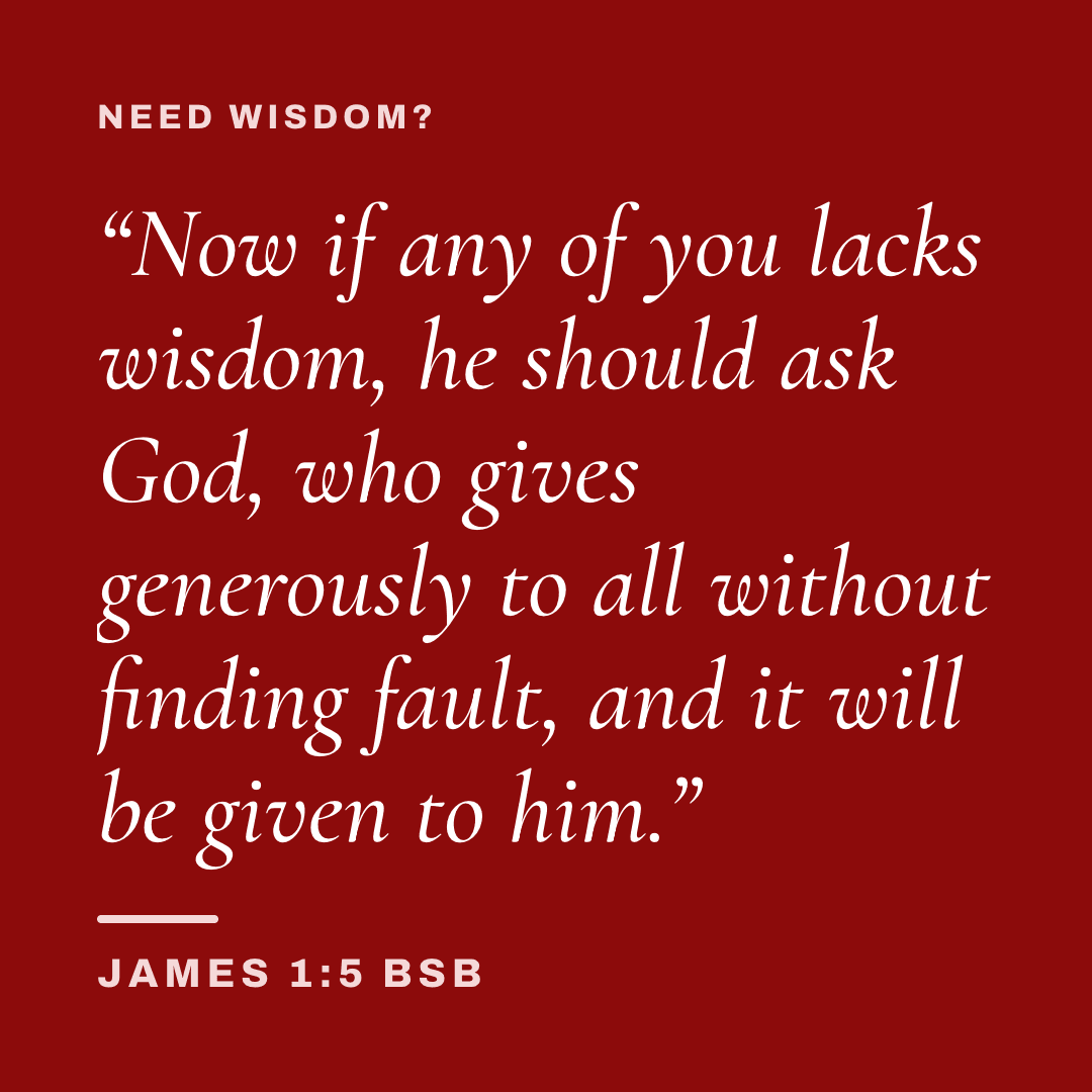 Graphic with James 1:5 (BSB): "Now if any of you lacks wisdom, he should ask God, who gives generously to all without finding fault, and it will be given to him." Label: Need wisdom?