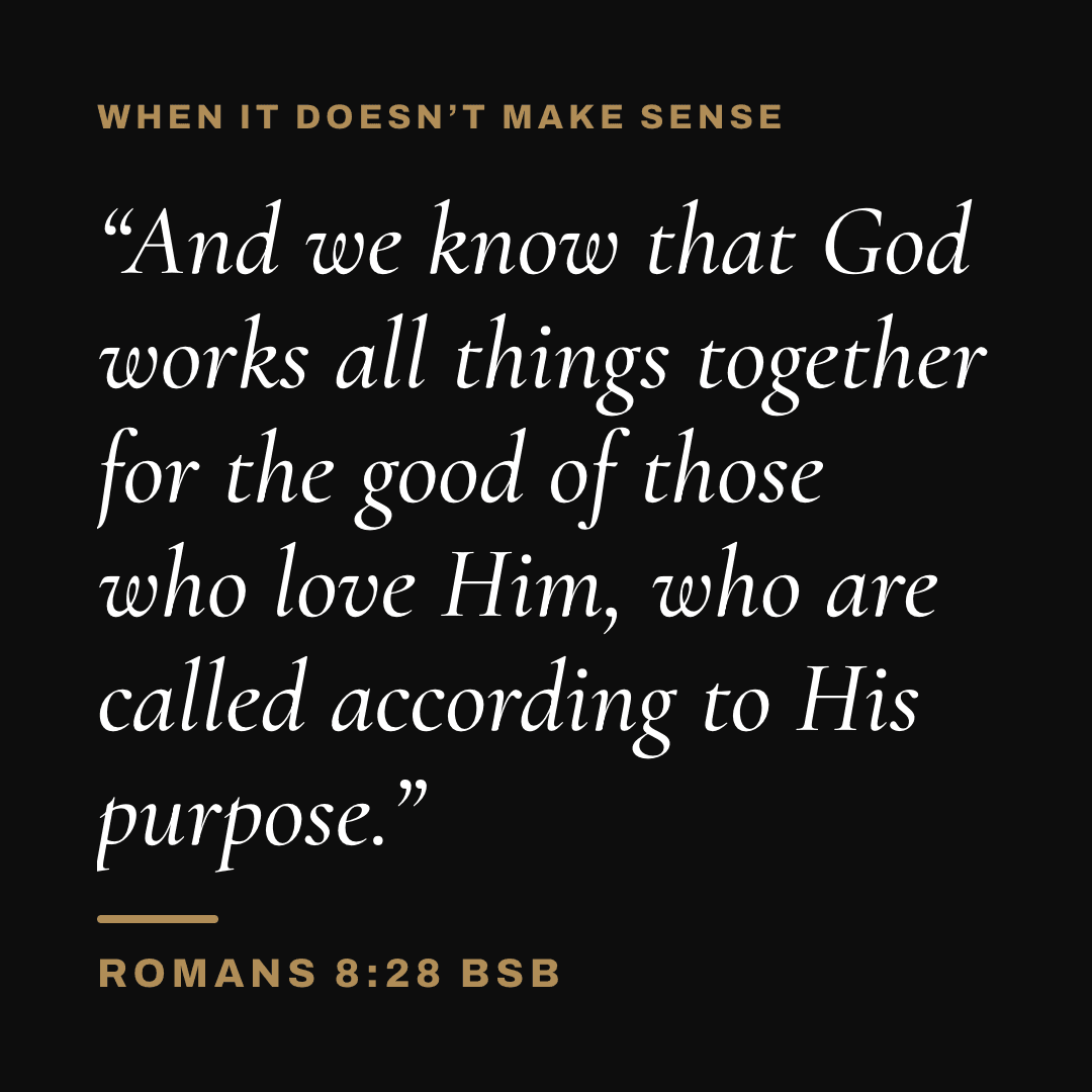 Graphic with Romans 8:28 (BSB): "And we know that God works all things together for the good of those who love Him, who are called according to His purpose." Label: When it doesn't make sense.